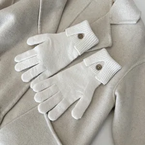 Womens warm knitted gloves solid color winter touchscreen split finger gloves with button design
