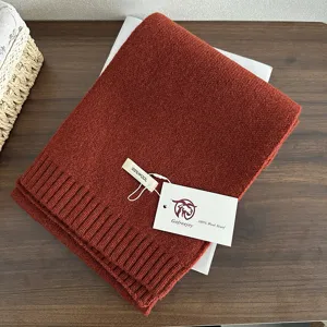 Cozy rust red 100% wool knitted scarf for women and men, soft winter warm fashion neck warmer.
