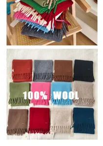 Detailed view of colorful winter wool fringe scarves, soft and warm solid color neckwear.