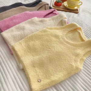 Korean style fuzzy knit vest women solid color sleeveless soft pullover warm cute top