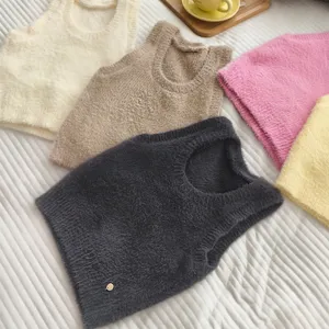 Korean style fuzzy knitted vest women solid color sweet loose sleeveless pullover top