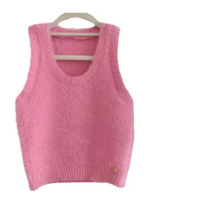 Pink fluffy knit vest women sleeveless cozy pullover sweater sweet style solid casual top
