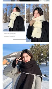 Cozy thick winter knit scarf for women, warm soft cashmere-feel neck wrap with contrast edge.