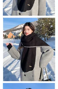 Korean style cozy wool blend scarf with chic contrast edge for women winter outdoor wear.