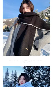 Winter warm wool blend scarf for women and men, cozy solid color cozy hemmed neck warmer detail