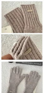 Women winter warm wool knit gloves detail view touch-screen five finger ribbed cuff design