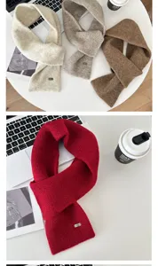 Knitted cross scarf wool blend winter neck warmer short chic cozy fashion accessory detail