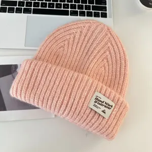 Winter Warm Acrylic Knitted Beanie Hat Thickened Melange Cable Knit Cap With Letter Label Casual Couple Ski Hat