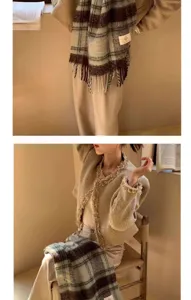 Cozy plaid fringe scarf and tweed jacket set, perfect for autumn and winter retro fashion style.
