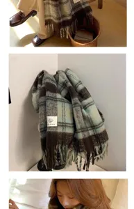 Details of the 2024 autumn winter plaid fringe scarf, warm retro preppy style for women.