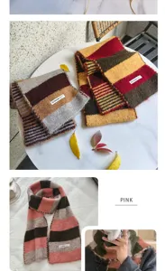 Korean style colorblock striped knit scarf for women, cozy winter warm casual neck warmer.