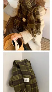 Autumn winter plaid tasseled scarf, retro college style warm cozy winter wrap for women.