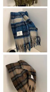 Detailed view of women's autumn winter plaid fringe scarf cozy warm retro fashion accessory