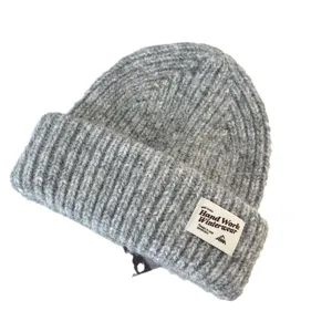 Grey wool-blend knitted beanie winter thick warm hat with woven label main view showcase.