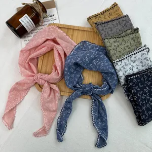 Cotton linen floral triangle scarf with lace trim, vintage style hair band and neckerchief.
