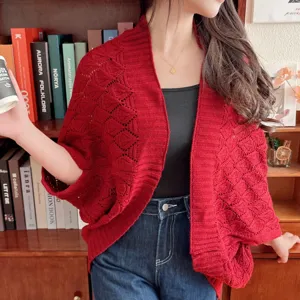 Red knit hollow diamond shawl cardigan, elegant AC room lightweight outerwear for women.