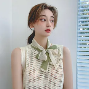 2024 spring new pleated two-tone small silk scarf hair ribbon neck accessory for women stylish
