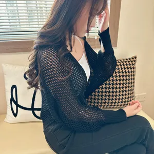 Women summer black hollow knit cardigan shrug breathable stylish lightweight outer wear tops