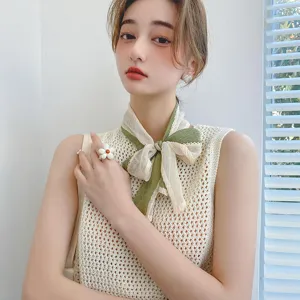 Pleated color-block small silk scarf detail, stylish neck scarf and hair accessory.