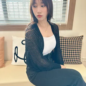 Women's black hollow knit open front shawl summer cardigan lightweight sun protection sleeves.
