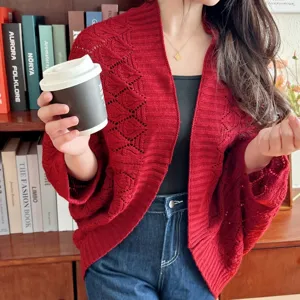 Red hollow knitted cardigan shawl for women, stylish diamond pattern daily outerwear.