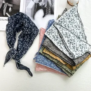 Detailed view of Japanese literary style cotton linen floral triangle scarf, soft head wrap.