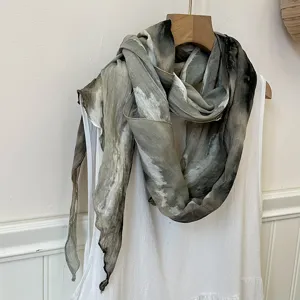 Cotton linen blend tie dye long scarf for women, lightweight crinkled casual spring shawl.