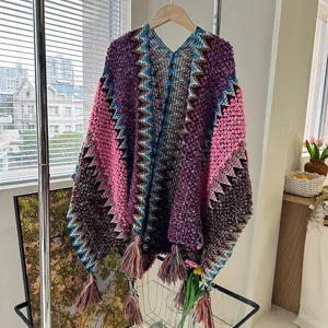 Ethnic style colorful zigzag knit poncho with fringe, stylish and warm autumn winter shawl cape.