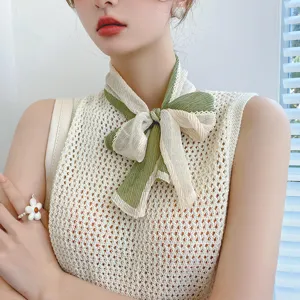 Pleated narrow scarf for women, chic green and beige color block design for stylish daily wear.
