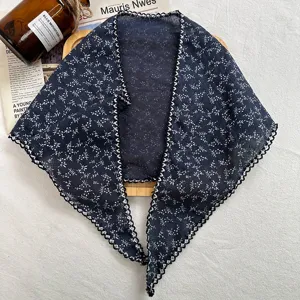 Chic floral lace triangular scarf for women, versatile cotton linen spring autumn neckerchief.