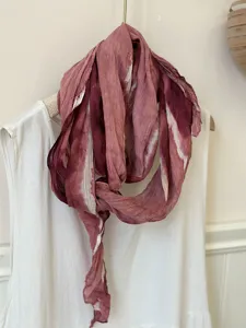 Close-up detail of the vintage tie-dye cotton linen scarf, showing unique wrinkled texture and drape.