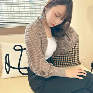 Hollow-out knit shrug cardigan for women, breathable short sleeve cover-up for summer.