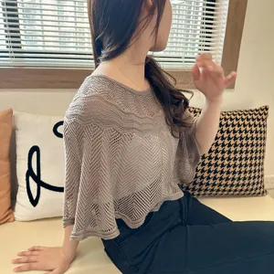 Women hollow knit cape summer short sleeve shawl breathable air conditioning room top