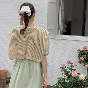 Women sweet hollow knit small shawl solid color cute vest cardigan air conditioning top