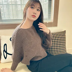 Damen brauner strukturierter Strickpullover langarm laessiger Herbst Alltags Top