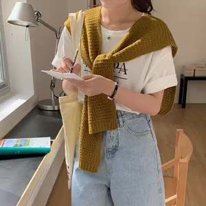 Knitted hollow small shawl for women sweet solid color tied shrug fake collar top