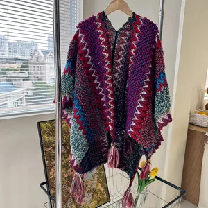 Ethnic style knitted tassel cape shawl, colorful vintage winter warm poncho for women travel.