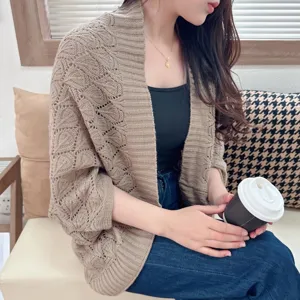 Beige hollow knit cardigan stylish shawl lightweight breathable summer outerwear for women
