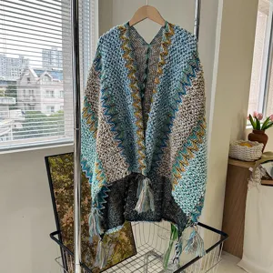 Ethnic style knit cape shawl for women travel fashion tassel outerwear sweater detail