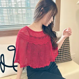 Women Summer Hollow Knit Small Cape Red Pullover Shawl Air Conditioning Room Jacket