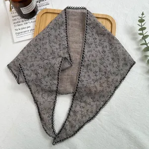 Grey floral lace triangular scarf cotton linen bandana vintage neckerchief for women