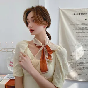 Pleated color-block small silk scarf, fashionable hairband and bag accessory for women.
