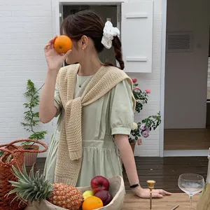 Knitted hollow small shawl for women, sweet solid color tie cape, stylish summer accessory.