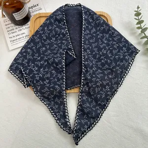Women floral print lace triangular scarf, stylish cotton linen decorative neck scarf.