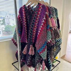 Boho ethnic knitted cape women fringe poncho stylish tassel shawl winter outerwear travel wrap