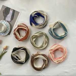 Pleated two-tone hair scarf ribbon for women, elegant silk scarf for bag and hair styling.