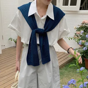 Detail view of dark blue knitted hollow shawl, sweet style women fake collar piece.