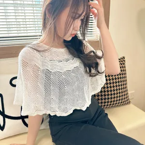Hollow out knit cape shawl for women summer lightweight pullover white cover up top detail