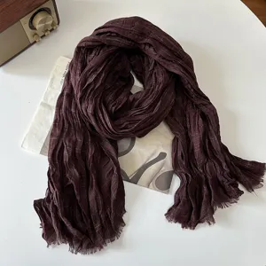 Women autumn winter cotton linen pleated scarf retro solid color tassel long shawl wrap