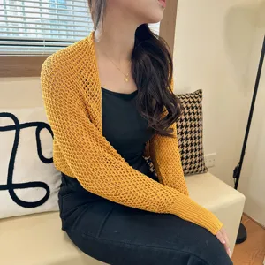 Women hollow out knit shrug cardigan yellow summer sunscreen bolero open front sleeves top